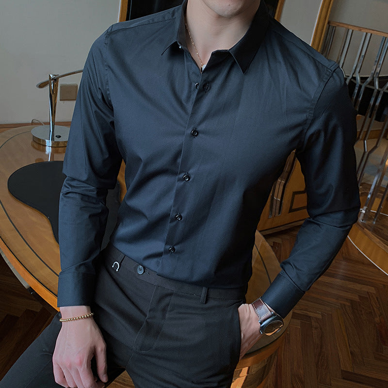 2021 Spring and Autumn New Men's Long Sleeve Shirt Youth Business Men's Lapel Solid Color Thin Non-iron Shirt