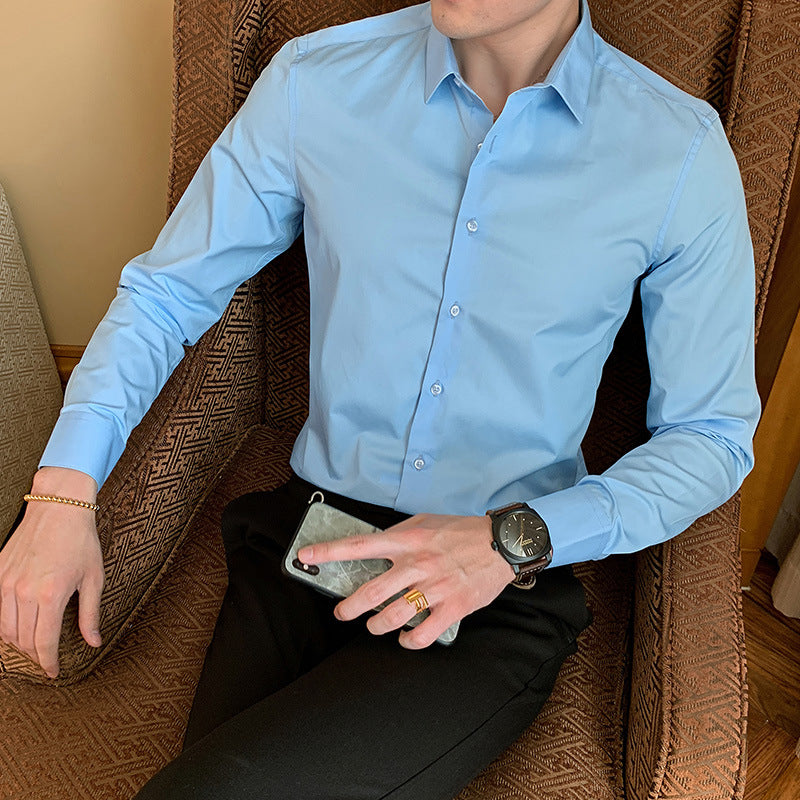 2021 Spring and Autumn New Men's Long Sleeve Shirt Youth Business Men's Lapel Solid Color Thin Non-iron Shirt