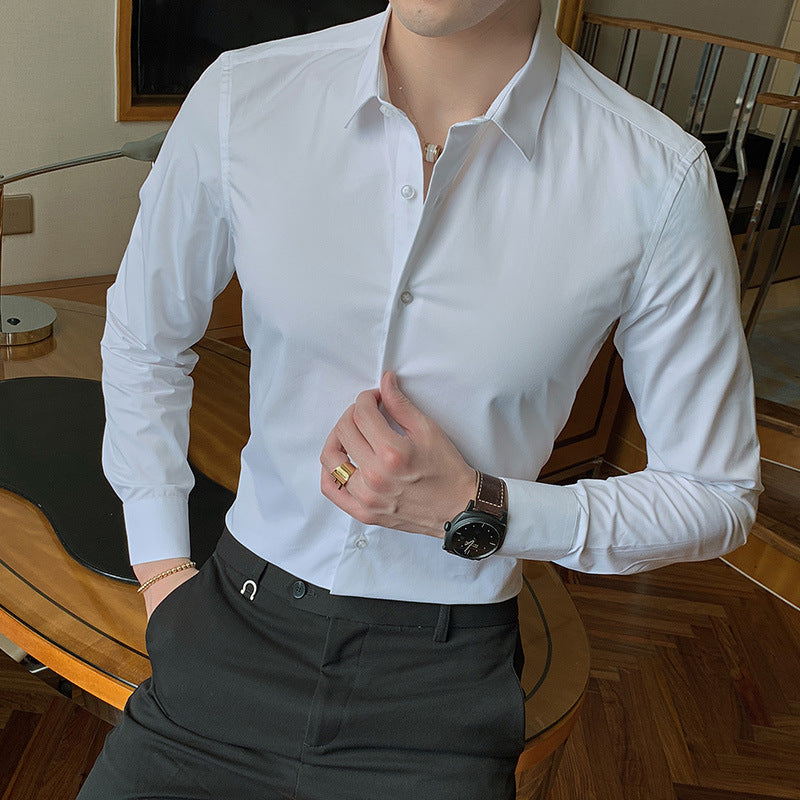 2021 Spring and Autumn New Men's Long Sleeve Shirt Youth Business Men's Lapel Solid Color Thin Non-iron Shirt