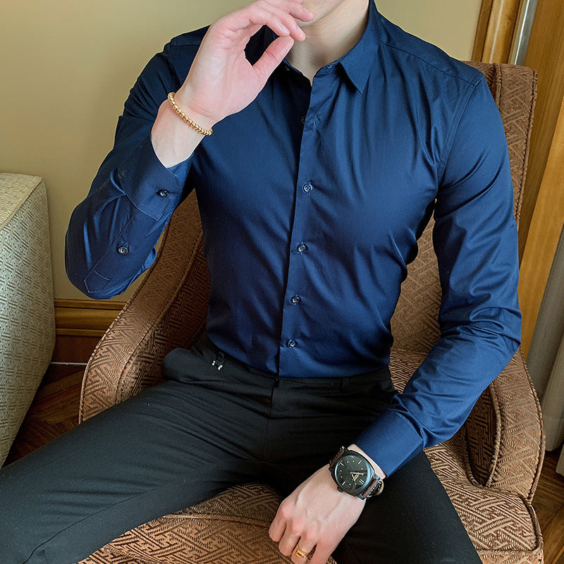 2021 Spring and Autumn New Men's Long Sleeve Shirt Youth Business Men's Lapel Solid Color Thin Non-iron Shirt