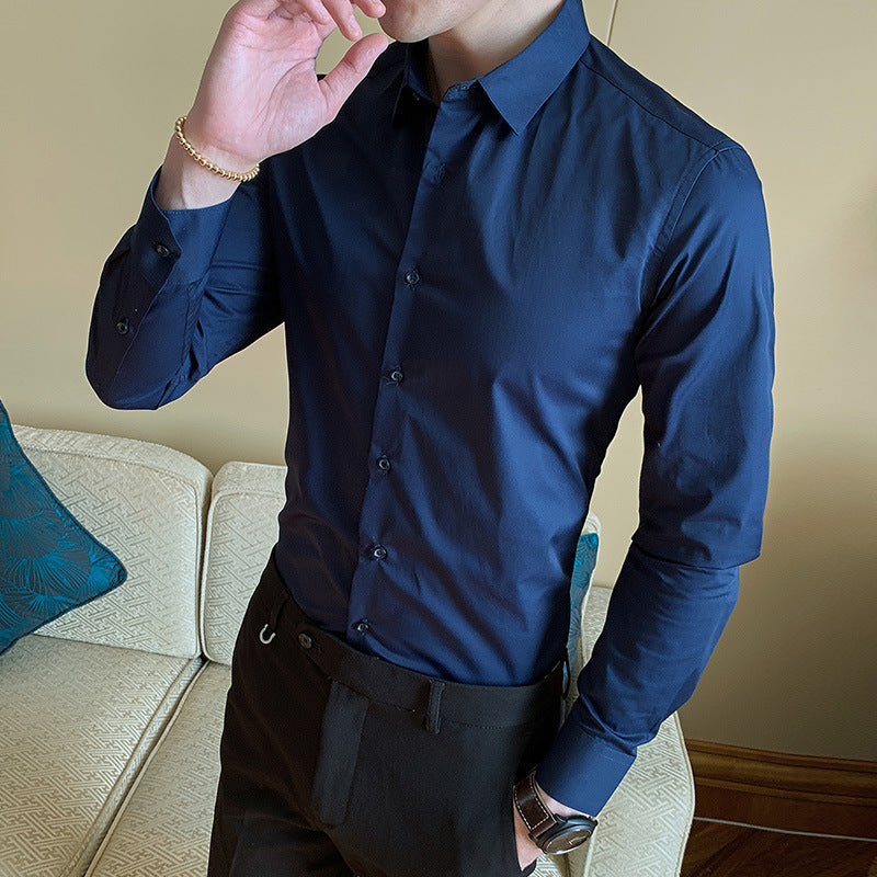 2021 Spring and Autumn New Men's Long Sleeve Shirt Youth Business Men's Lapel Solid Color Thin Non-iron Shirt