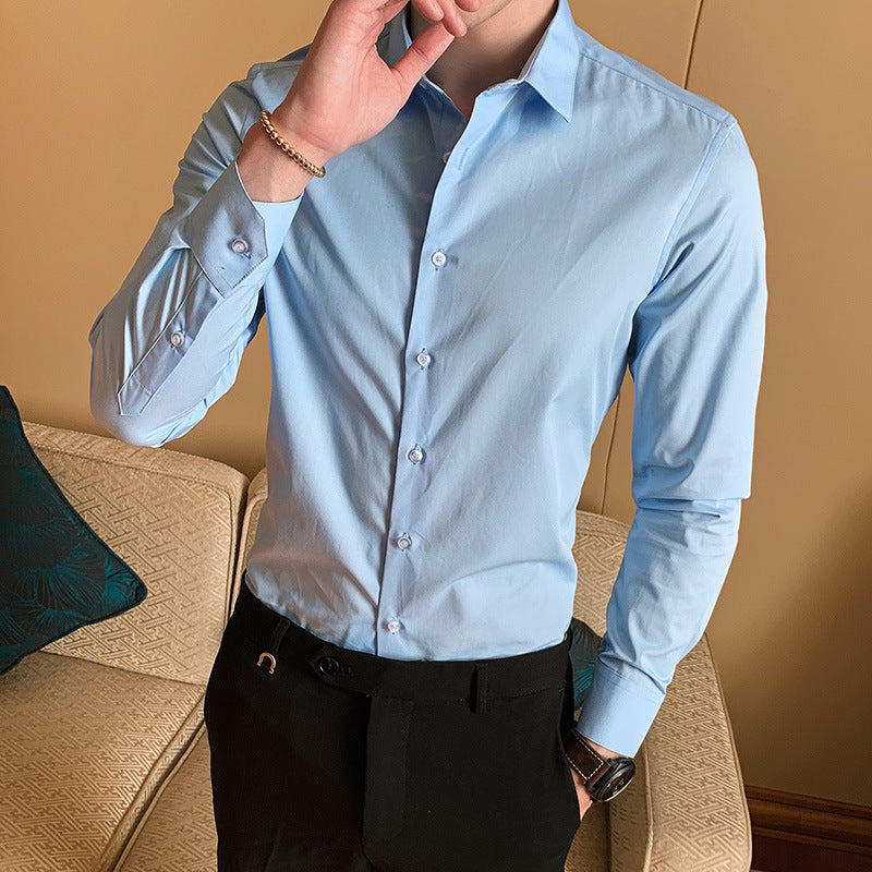 2021 Spring and Autumn New Men's Long Sleeve Shirt Youth Business Men's Lapel Solid Color Thin Non-iron Shirt