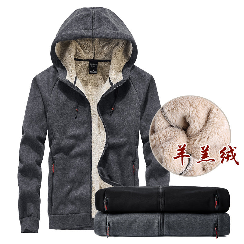 Plus velvet thick sweater men's lamb velvet autumn and winter sports and leisure hooded cardigan top loose large size warm jacket