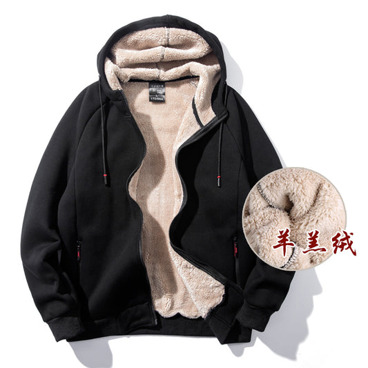 Plus velvet thick sweater men's lamb velvet autumn and winter sports and leisure hooded cardigan top loose large size warm jacket