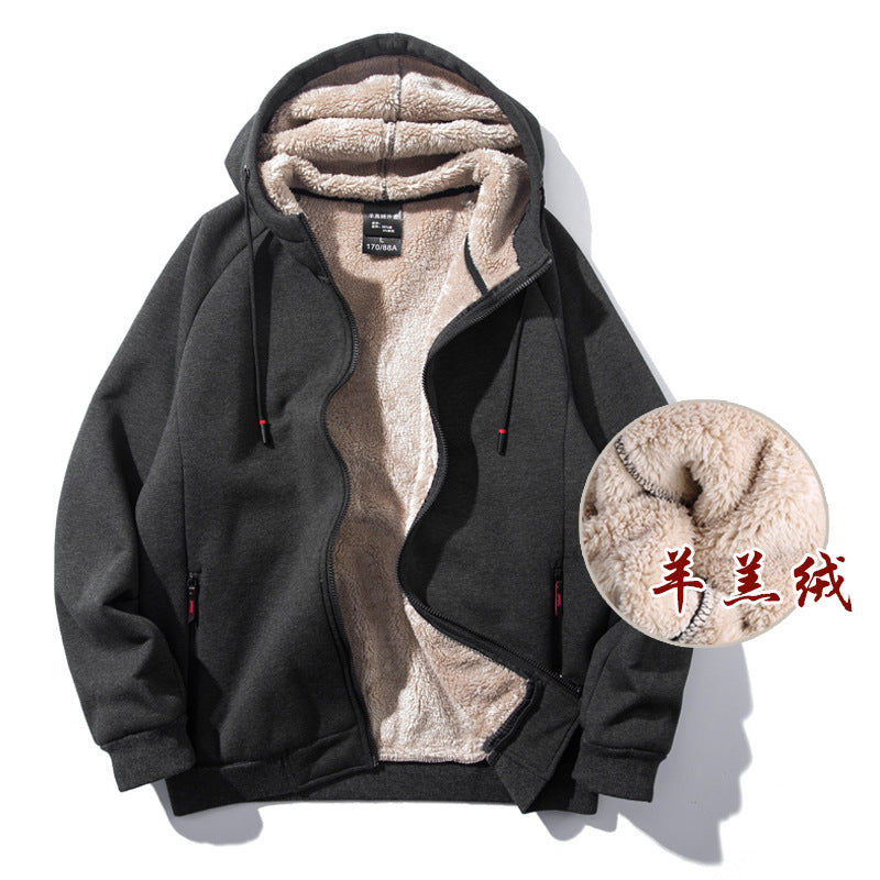 Plus velvet thick sweater men's lamb velvet autumn and winter sports and leisure hooded cardigan top loose large size warm jacket