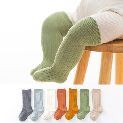 New double-needle baby knee socks combed cotton breathable baby socks 0-5 years old solid color striped children's stockings